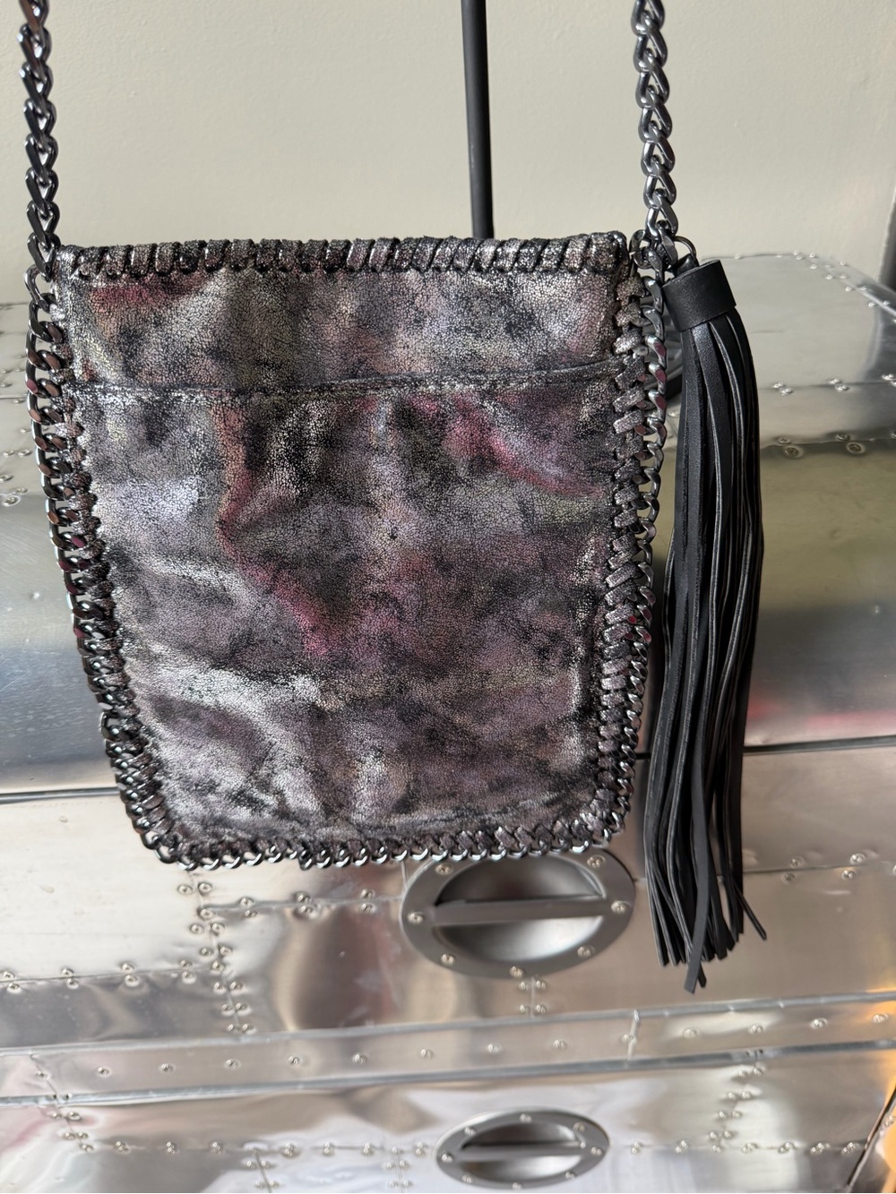 Metallic Black and Silver Crossbody Bag with Tassel